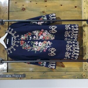 Blue Ornate Floral Embroidered Keys  Wool Blend Coat, Over Coat